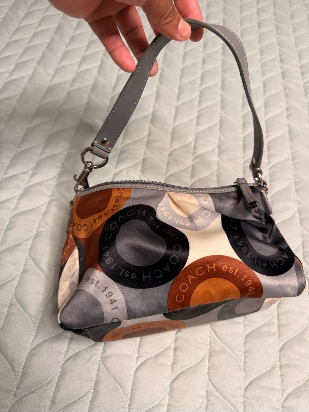 Coach Multicolor Logo Circle Print Wristlet with Grey Strap
